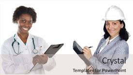  Presentation with women - Slide deck consisting of beautiful women workers from different sectors isolated on white background and a light gray colored foreground