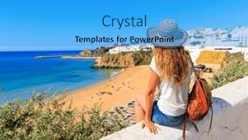  Presentation with algarve - PPT theme consisting of beautiful-womna-tourist-enjoying-panoramic background and a teal colored foreground