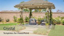  Presentation with chairs - PPT theme enhanced with beautiful yard pergola patio cover background and a soft green colored foreground