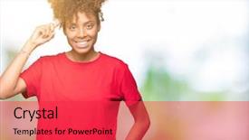  Presentation with great idea - Amazing slide set having beautiful young african american woman isolated background smiling pointing head one finger great idea thought good memory backdrop and a red colored foreground