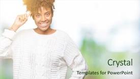  Presentation with african american sex - Slide deck with beautiful young african american woman wearing winter sweater isolated background smiling pointing head one finger great idea thought good memory background and a soft green colored foreground