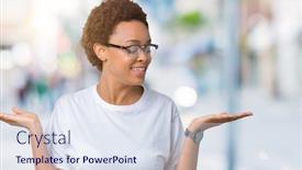  Presentation with comparison - Colorful slide deck enhanced with beautiful young african american woman wearing glasses over isolated background smiling showing both hands open palms presenting and advertising comparison and balance backdrop and a sky blue colored foreground