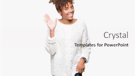  Presentation with saying - Slide set consisting of beautiful young african american woman wearing winter sweater over isolated background waiving saying hello happy and smiling friendly welcome gesture background and a white colored foreground