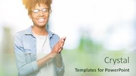 Presentation with proud american - Cool new slide deck with beautiful young african american woman wearing glasses over isolated background clapping and applauding happy and joyful smiling proud hands together backdrop and a soft green colored foreground