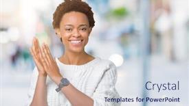 Presentation with proud american - Cool new theme with beautiful young african american woman wearing sweater over isolated background clapping and applauding happy and joyful smiling proud hands together backdrop and a sky blue colored foreground