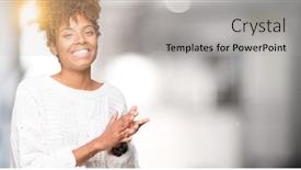  Presentation with proud american - Presentation theme enhanced with beautiful young african american woman wearing winter sweater over isolated background clapping and applauding happy and joyful smiling proud hands together background and a light gray colored foreground