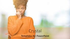  Presentation with nails - Colorful presentation theme enhanced with beautiful young african american woman over isolated background looking stressed and nervous with hands on mouth biting nails anxiety problem backdrop and a gold colored foreground