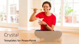  Presentation with noodles - Slide set with beautiful young african american woman eating noodles using choopsticks sitting on the floor background and a coral colored foreground