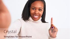  Presentation with african american woman question - Cool new theme with beautiful young african american woman wearing turtleneck sweater taking a selfie surprised with an idea or question pointing finger with happy face number one backdrop and a lemonade colored foreground