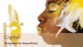 Presentation with glitter - Slides having beautiful young african american woman in yellow feathers beads and glitter over white background background and a yellow colored foreground