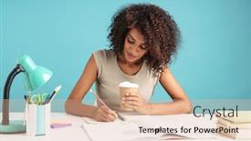  Presentation with takeaway coffee - Beautiful PPT layouts featuring beautiful young african businesswoman casually dressed sitting at the desk isolated over blue background drinking takeaway coffee while studying backdrop and a coral colored foreground