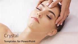  Presentation with healing hands - PPT theme featuring beautiful-young-and-healthy-woman background and a coral colored foreground