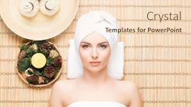  Presentation with spa salon - PPT theme having beautiful young and healthy woman in spa salon on bamboo mat spa health and healing concept background and a lemonade colored foreground