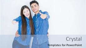  Presentation with winner - Slide deck with beautiful young asian couple over white isolated background approving doing positive gesture with hand thumbs up smiling and happy for success winner gesture background and a light blue colored foreground