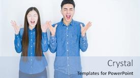 Presentation with asian - Amazing presentation having beautiful young asian couple over white isolated background celebrating mad and crazy for success with arms raised and closed eyes screaming excited winner concept backdrop and a light blue colored foreground