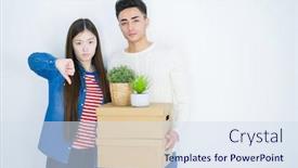  Presentation with negative - Slides consisting of beautiful young asian couple over white background holding cardboard boxes with angry face negative sign showing dislike with thumbs down rejection concept background and a sky blue colored foreground
