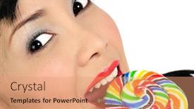  Presentation with lollipop - Audience pleasing PPT theme consisting of beautiful young asian girl eating lollipop backdrop and a coral colored foreground