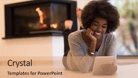  Presentation with black women - Cool new theme with beautiful young black women using tablet computer on the floor of her luxury home in front of fireplace at autumn day backdrop and a coral colored foreground