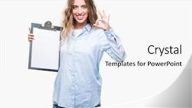  Presentation with symbol - Audience pleasing PPT theme consisting of beautiful young blonde business woman backdrop and a white colored foreground