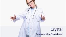  Presentation with doctor helps to get out of bed an elderly woman - Slide deck consisting of beautiful young blonde doctor woman background and a sky blue colored foreground