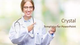  Presentation with helping others two hands woman - Colorful slide deck enhanced with beautiful young blonde doctor woman backdrop and a  colored foreground