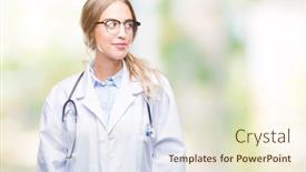  Presentation with medical smiling doctor - Presentation theme enhanced with beautiful young blonde doctor woman wearing medical uniform over isolated background smiling looking side and staring away thinking background and a soft green colored foreground