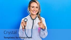  Presentation with fingers - Presentation design consisting of beautiful-young-blonde-doctor-woman background and a teal colored foreground