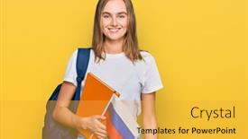  Presentation with student exchange - Audience pleasing PPT theme consisting of beautiful-young-blonde-woman-exchange backdrop and a yellow colored foreground