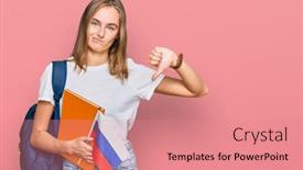  Presentation with student exchange - PPT layouts featuring beautiful-young-blonde-woman-exchange background and a coral colored foreground