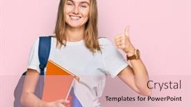  Presentation with student exchange - Colorful slide set enhanced with beautiful-young-blonde-woman-exchange backdrop and a lemonade colored foreground