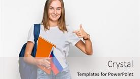  Presentation with student exchange - PPT theme enhanced with beautiful-young-blonde-woman-exchange background and a light gray colored foreground