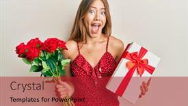  Presentation with anniversary - Cool new PPT theme with beautiful-young-blonde-woman-holding backdrop and a crimson colored foreground