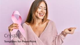  Presentation with pink ribbon - Beautiful PPT theme featuring beautiful-young-blonde-woman-holding backdrop and a lemonade colored foreground