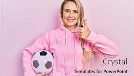  Presentation with soccer - PPT theme featuring beautiful-young-blonde-woman-holding background and a  colored foreground