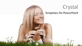  Presentation with chamomile - PPT theme consisting of beautiful young blonde woman lying on grass with chamomile flowers isolated on white background background and a white colored foreground