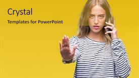  Presentation with defense - Presentation with beautiful young blonde woman talking background and a  colored foreground