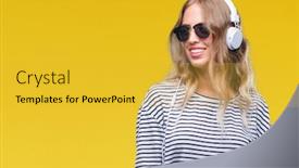  Presentation with headphones - Colorful presentation design enhanced with beautiful young blonde woman wearing headphones and sunglasses over isolated background looking away to side with smile on face natural expression laughing confident backdrop and a yellow colored foreground
