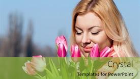  Presentation with tulips - Presentation with beautiful young blonde woman with pink tulips background and a yellow colored foreground