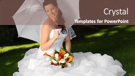  Presentation with bride - Amazing presentation theme having beautiful young bride with umbrella sitting on a grass in evening garden backdrop and a violet colored foreground