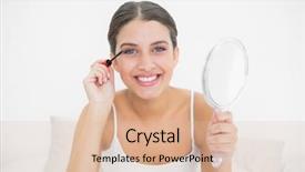  Presentation with bright white - Amazing slide deck having beautiful young brown haired model in white pajamas applying mascara in bright bedroom backdrop and a lemonade colored foreground