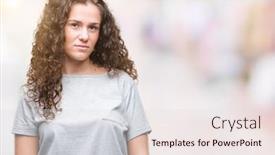  Presentation with simple - Beautiful presentation design featuring beautiful young brunette curly hair girl wearing casual look over isolated background with serious expression on face simple and natural looking at the camera backdrop and a lemonade colored foreground