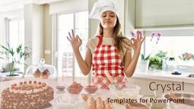  Presentation with pastry chef - Presentation theme consisting of beautiful-young-brunette-pastry-chef background and a coral colored foreground
