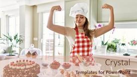  Presentation with pastry chef - Slide set with beautiful-young-brunette-pastry-chef background and a coral colored foreground