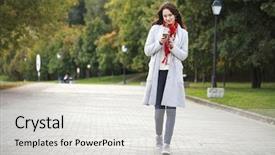 Presentation with conference phone calls - Audience pleasing presentation consisting of beautiful young brunette woman calling backdrop and a light gray colored foreground
