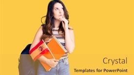  Presentation with student exchange - PPT theme having beautiful-young-brunette-woman-exchange background and a yellow colored foreground