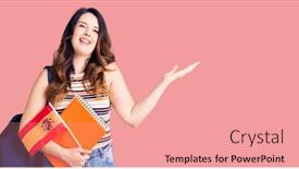  Presentation with student exchange - PPT theme enhanced with beautiful-young-brunette-woman-exchange background and a coral colored foreground