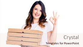  Presentation with pizza delivery - Colorful PPT theme enhanced with beautiful-young-brunette-woman-holding backdrop and a lemonade colored foreground