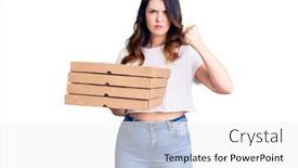 Presentation with pizza delivery - Slide set having beautiful-young-brunette-woman-holding background and a white colored foreground