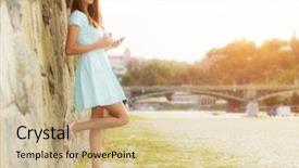  Presentation with coffee music - Audience pleasing presentation consisting of beautiful young brunette woman listening music in headphones holding a cup of coffee and enjoying music old town center with river on background backdrop and a soft green colored foreground