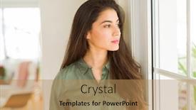  Presentation with looking for their - Presentation featuring beautiful young brunette woman looking relaxed at home background and a coral colored foreground